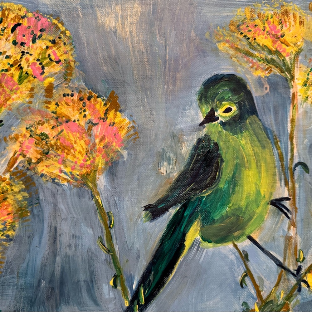 Vibrant Green and Yellow Impressionistic Bird Painting